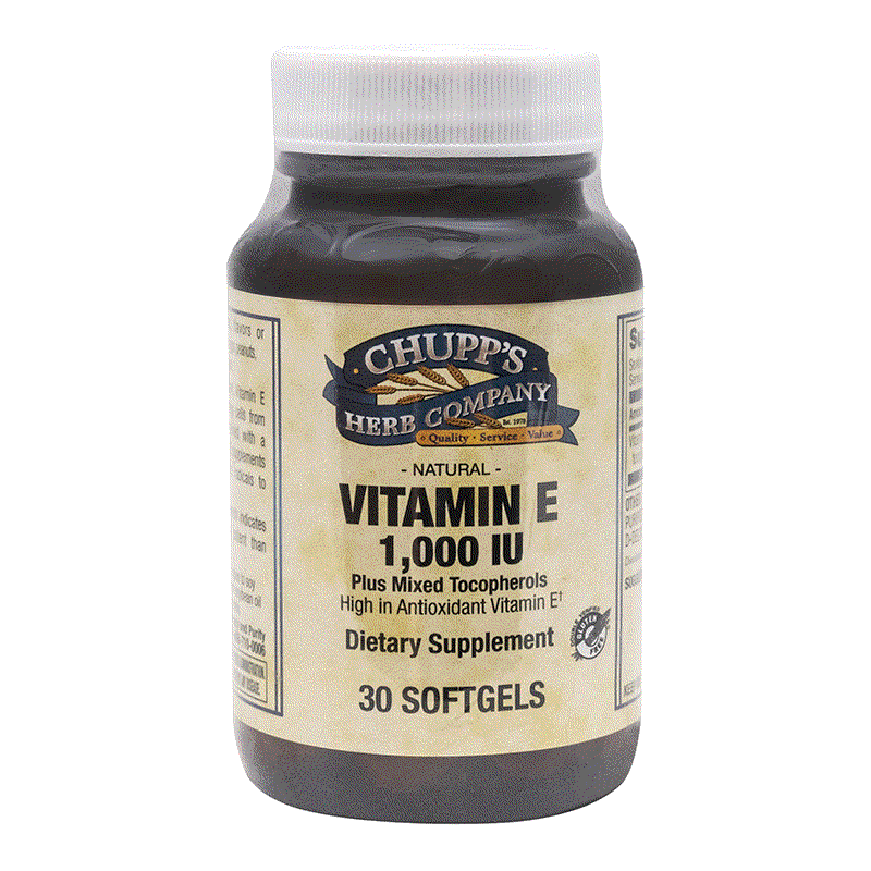 Bottle of Chupp's Herb Company Vitamin E 1,000 IU natural dietary supplement with 30 softgels, high potency antioxidant for heart and cellular health.