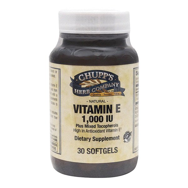 Bottle of Chupp's Herb Company Vitamin E 1,000 IU natural dietary supplement with 30 softgels, high potency antioxidant for heart and cellular health.