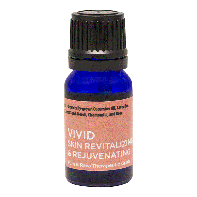 Blue bottle of Vivid essential oil blend for skin revitalizing and rejuvenating with cucumber and rose