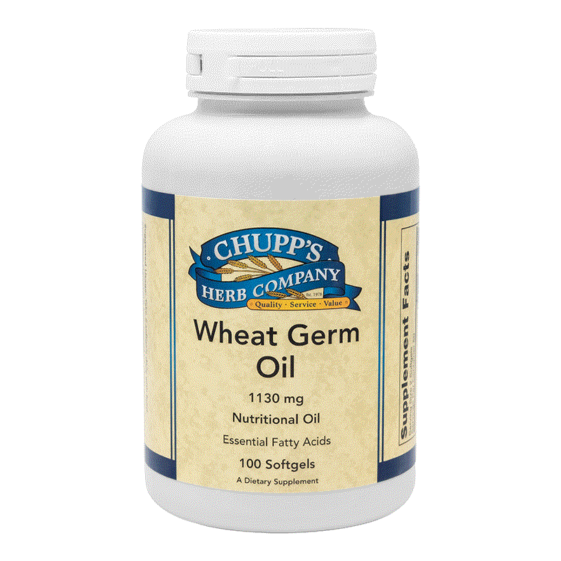 Chupp's Herb Company Wheat Germ Oil supplement bottle with 100 softgels, 1130 mg nutritional oil, rich in essential fatty acids and vitamin E for skin and hair support.
