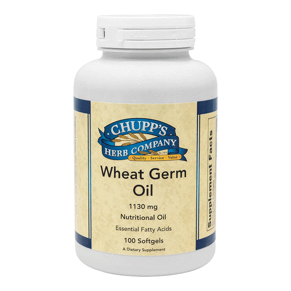 Chupp's Herb Company Wheat Germ Oil supplement bottle with 100 softgels, 1130 mg nutritional oil, rich in essential fatty acids and vitamin E for skin and hair support.