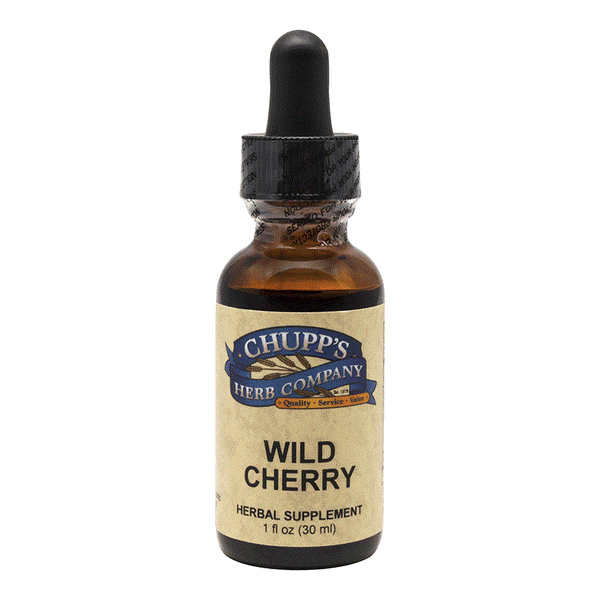 Wild Cherry herbal supplement bottle with dropper for relaxed breathing and lung support