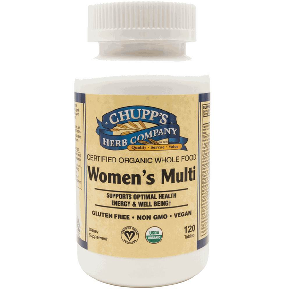 Womens Multi supplement bottle with organic label, 120 tablets.