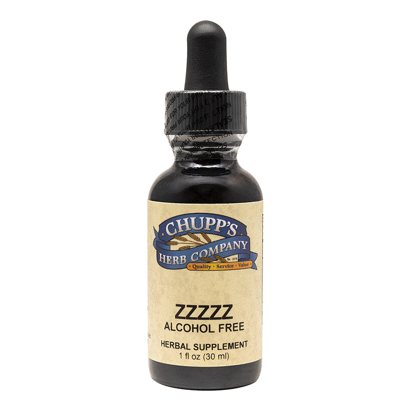 Bottle of ZZZZZ alcohol-free herbal sleep support supplement with multi-herb blend and 452 mg per serving