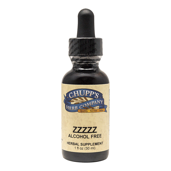Bottle of ZZZZZ alcohol-free herbal sleep support supplement with multi-herb blend and 452 mg per serving