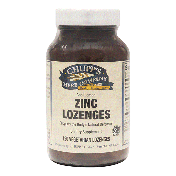 Bottle of Chupp's Herb Company zinc lozenges with natural lemon flavor, 23 mg zinc, and immune support.