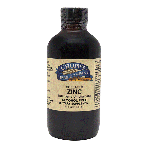 Bottle of Chupp's Herb Company Zinc Liquid dietary supplement with elderberry and echinacea, alcohol free and blackberry flavored.
